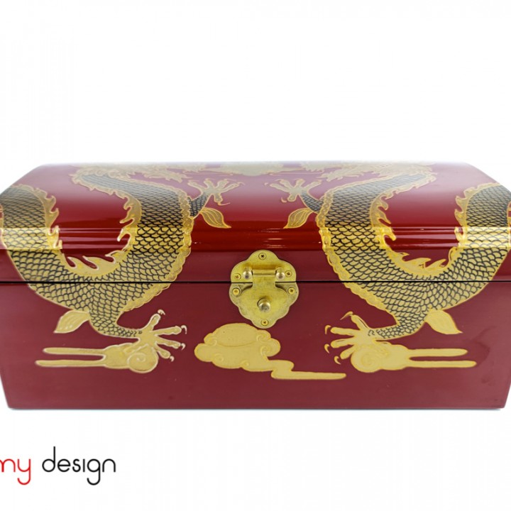 Red rectangle lacquer box, cambered lid hand-painted with dragon 18*35 cm